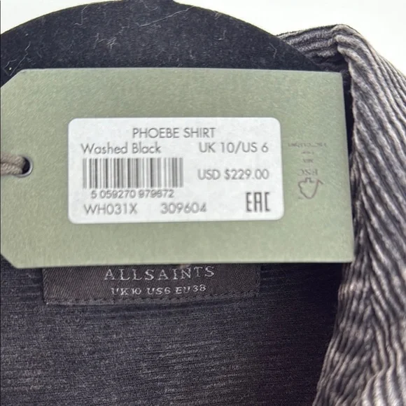 New With Tags ALLSAINTS Women’s Phoebe Cotton Corduroy Shirt In Washed Black - Picture 4 of 10